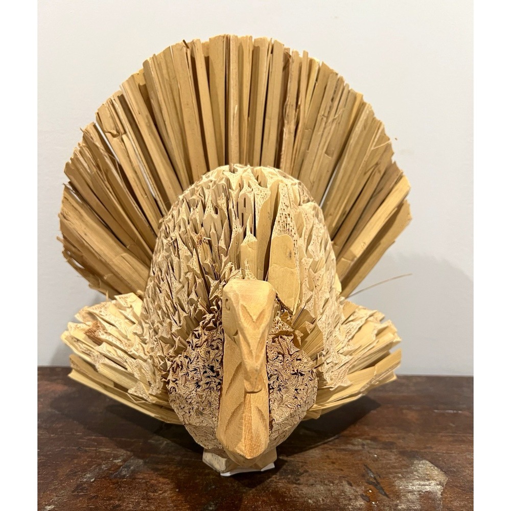 Thanksgiving Carved Wood Turkey Palms Figurine Rustic Decor 9 Inch